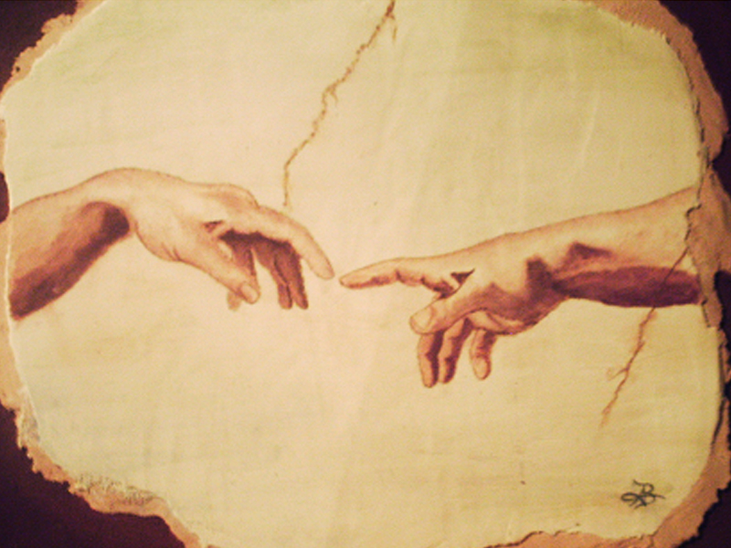 Fresque inspirée des doigts qui se rejoignent, La Création d'Adam, chapelle sixtine, Michel Ange.